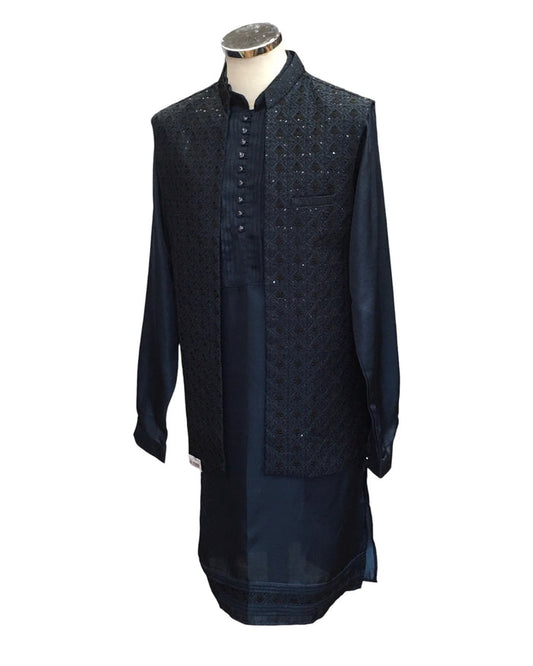Petrol Blue - Mens Kurta Set with Rich Brocade Waistcoat  - SHU2505 TP 0325