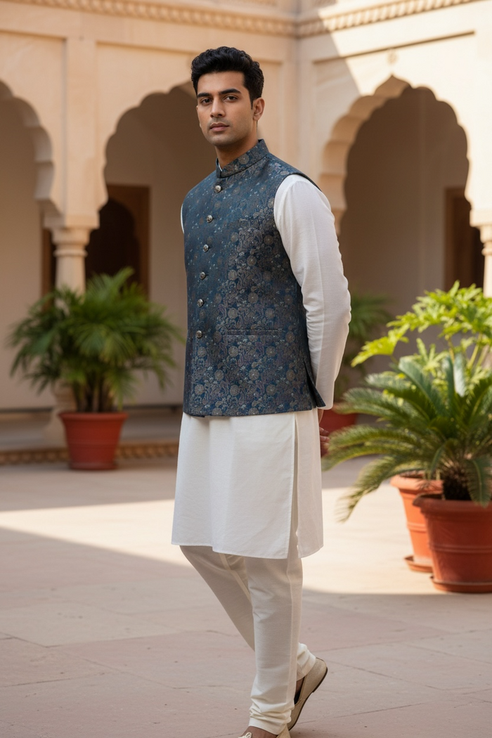 Petrol Blue - Premium Banarasi Handloom Brocade - Mens Indian Waistcoat - UK Stock - 24 hr Dispatch - VNS2604 03KP26