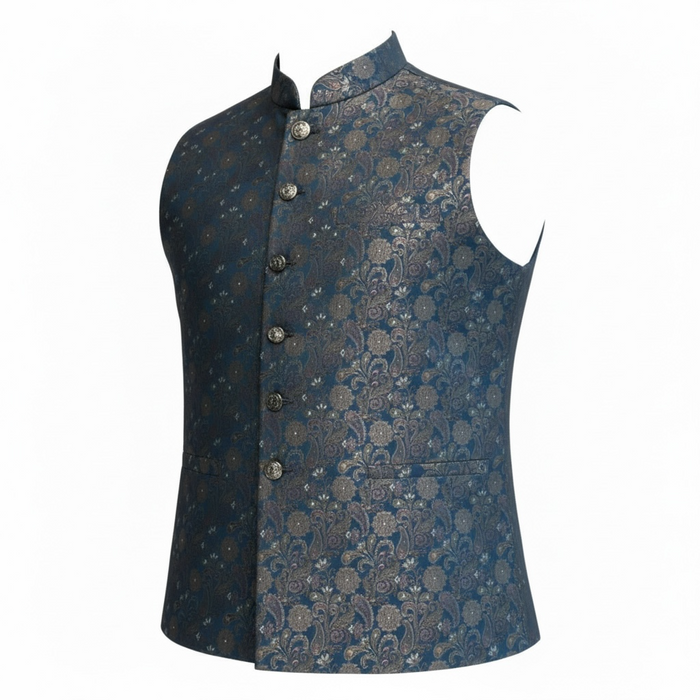 Petrol Blue - Premium Banarasi Handloom Brocade - Mens Indian Waistcoat - UK Stock - 24 hr Dispatch - VNS2604 03KP26