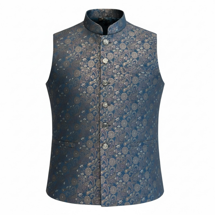 Petrol Blue - Premium Banarasi Handloom Brocade - Mens Indian Waistcoat - UK Stock - 24 hr Dispatch - VNS2604 03KP26