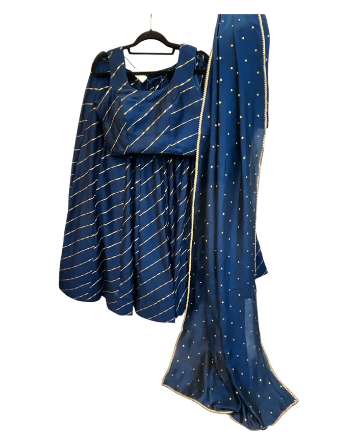Petrol Navy Blue -  Dupion Silk Lehenga Set - Garba / Dandia , Mehndi / Sangeet / Weddings  - Size UK 12 (38" Bust) Adjustable to Size 14 - UK Stock - 24h Dispatch - AF2506 09TY25