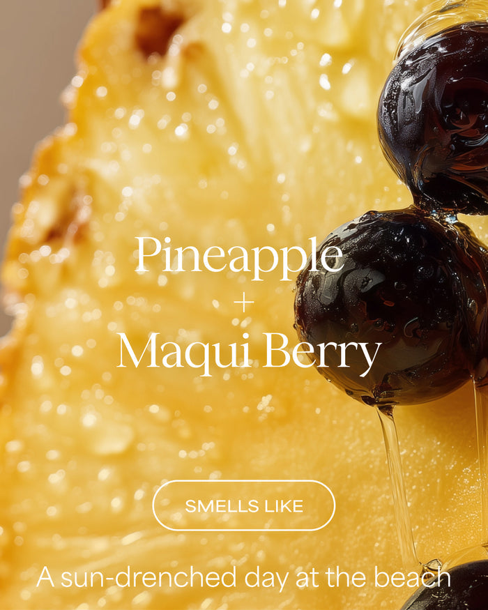 Close-up of pineapple and maqui berry with text indicating their combined scent.