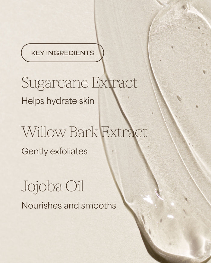 Product packaging with key ingredients listed on a beige background for Raw Sugar Body Wash designed to help gently cleanse and hydrate skin with clean ingredients.