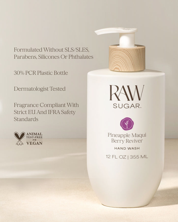 RAW Sugar hand wash bottle with pump on a light background, designed to help gently cleanse hands with clean ingredients.