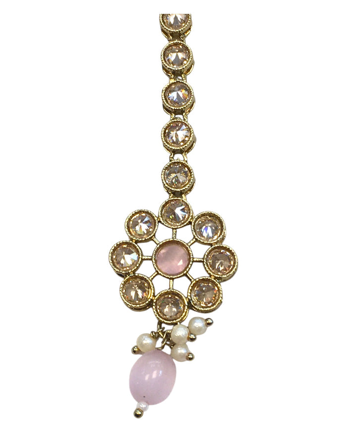 Pink - Antique Gold Finish Medium Size Tika Head Piece - Indian Ladies Fashion Jewellery - AE2432 11Vp24
