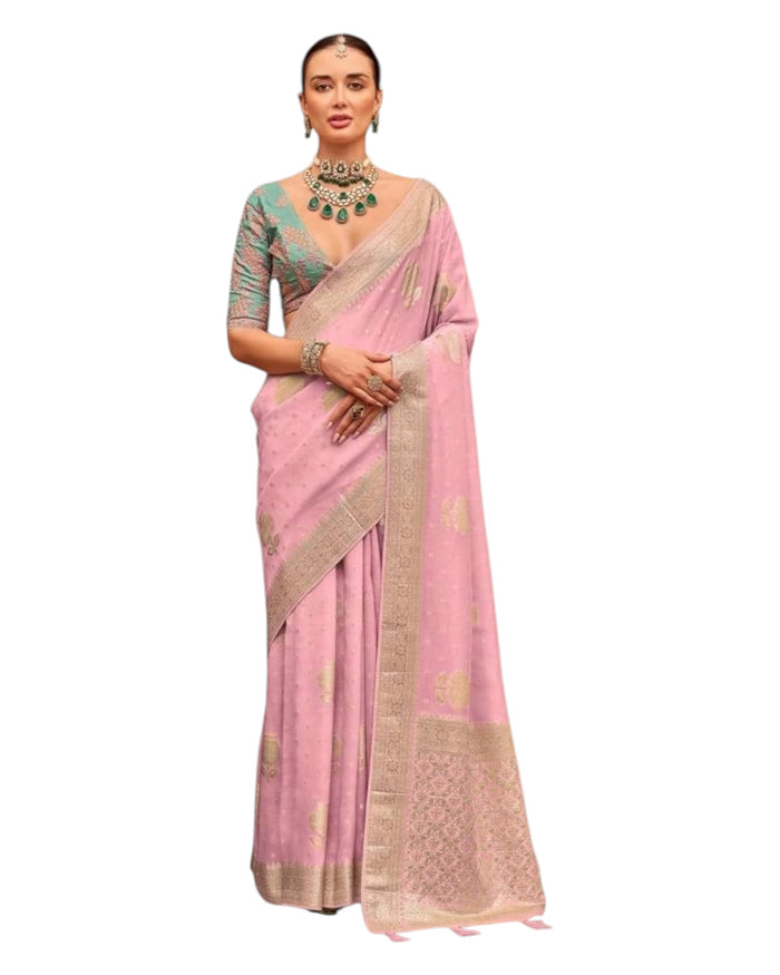 Pink - Handloom  - Chiffon Banarasi Saree with Blouse Piece - JOH1606 10TK25