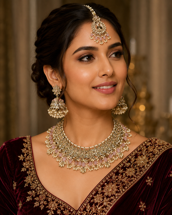 Pink - Large Size Antique Gold Finish Necklace Set with Earrings & Tika Head piece - GGA07  KT 0525