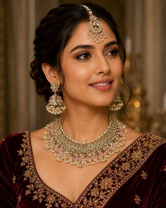 Pink - Large Size Antique Gold Finish Necklace Set with Earrings & Tika Head piece - GGA07  KT 0525