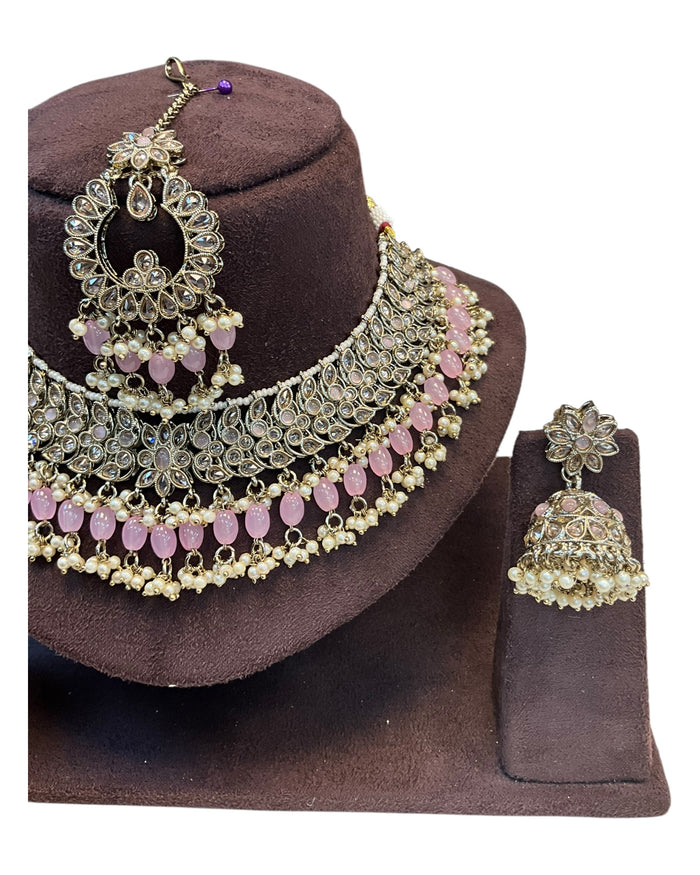 Pink - Large Size Antique Gold Finish Necklace Set with Earrings & Tika Head piece - GGA07  KT 0525