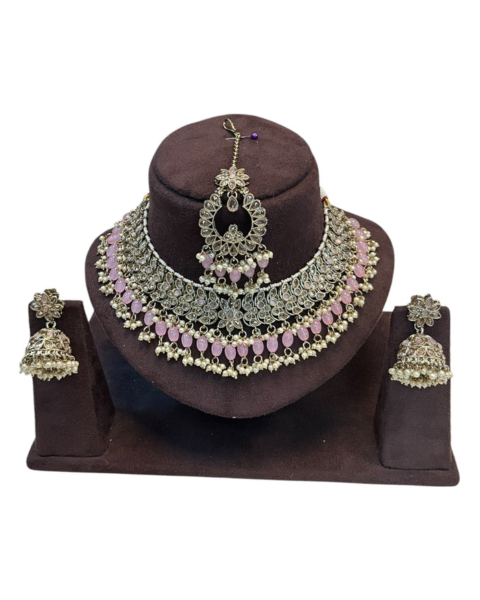 Pink - Large Size Antique Gold Finish Necklace Set with Earrings & Tika Head piece - GGA07  KT 0525
