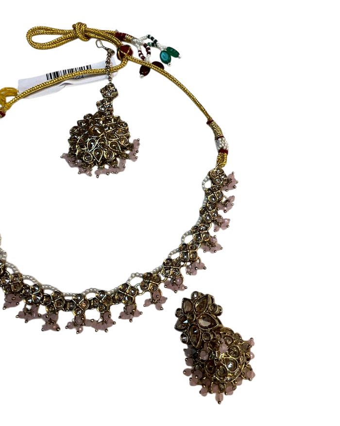 Pink - Medium Size Antique Gold Finish Necklace Set with Earrings & Head Piece - RAK436 04A26