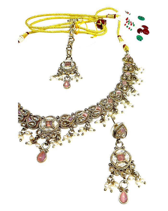 Pink - Medium Size Antique Gold Finish Necklace Set with Earrings & Tika Head piece - SAJ04  08C25