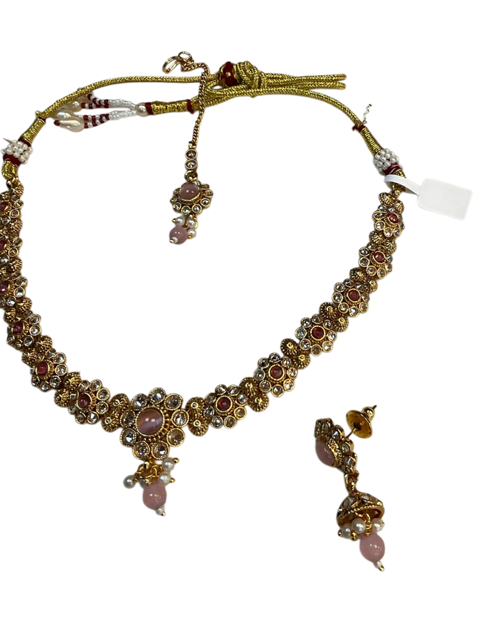 Pink - Medium Size Gold Finish Necklace Set with Earrings & Head Piece - SLV90 04Cp26