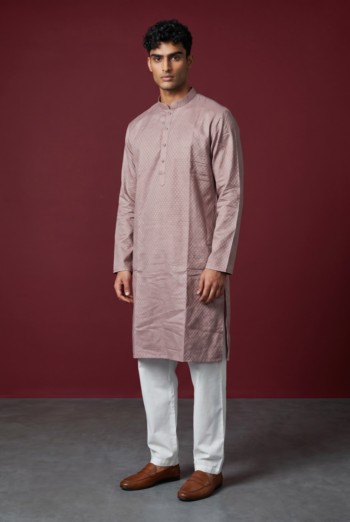 Pink - Self Woven Brocade Mens Indian Kurta set - UK Stock - Weddings / Walimas , Sangeet, Diwali, Eid, Mehndi / Henna - VEE3111 KR