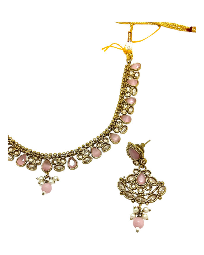 Pink - Small Size Antique Gold Finish Necklace Set with Earrings - Bollywood - AE2518 08A25