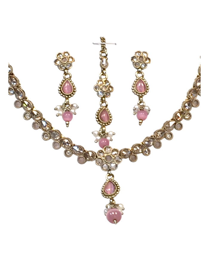 Pink - Small Size Antique Gold Finish Necklace Set with Earrings & Head Piece /Tika- SLV78  11Ap24