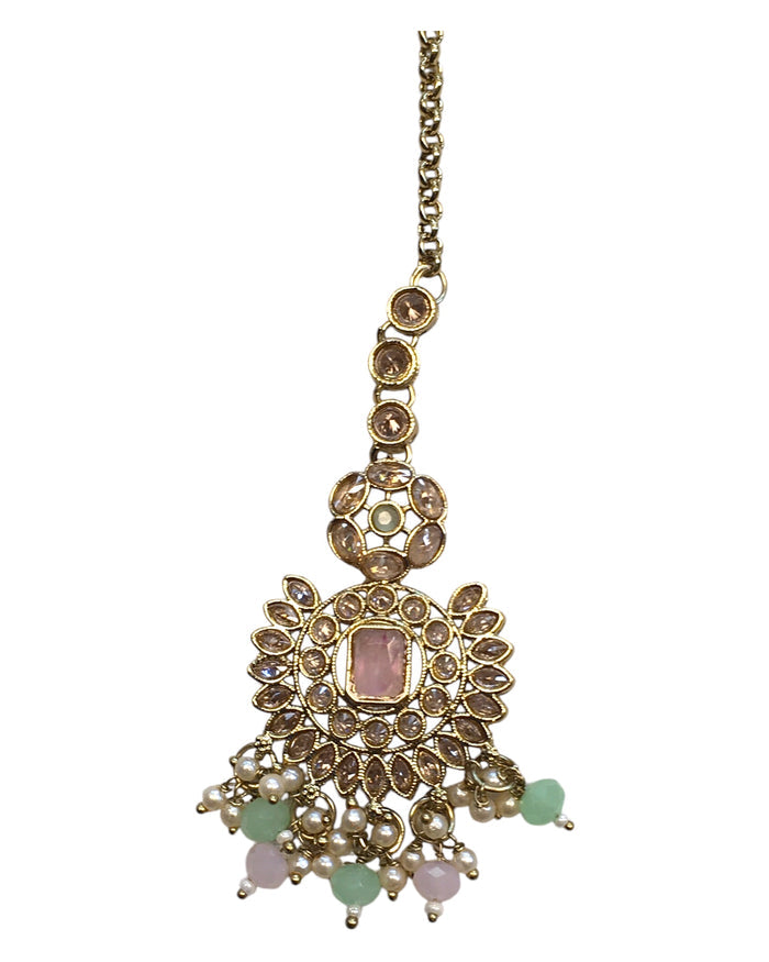 Pink / Sea Green - Large - Antique Gold Finish Traditional Tika Head piece - Bollywood - Weddings - PRI1773  11V24