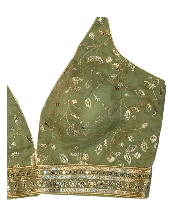 Pista Green - Low V Neck Embroidered Saree / Lehenga Blouse - 38" Bust (UK 12) Can be let out to size 14  - B216 01KV25