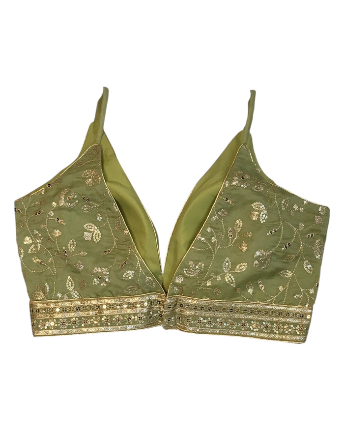 Pista Green - Low V Neck Embroidered Saree / Lehenga Blouse - 38" Bust (UK 12) Can be let out to size 14  - B216 01KV25