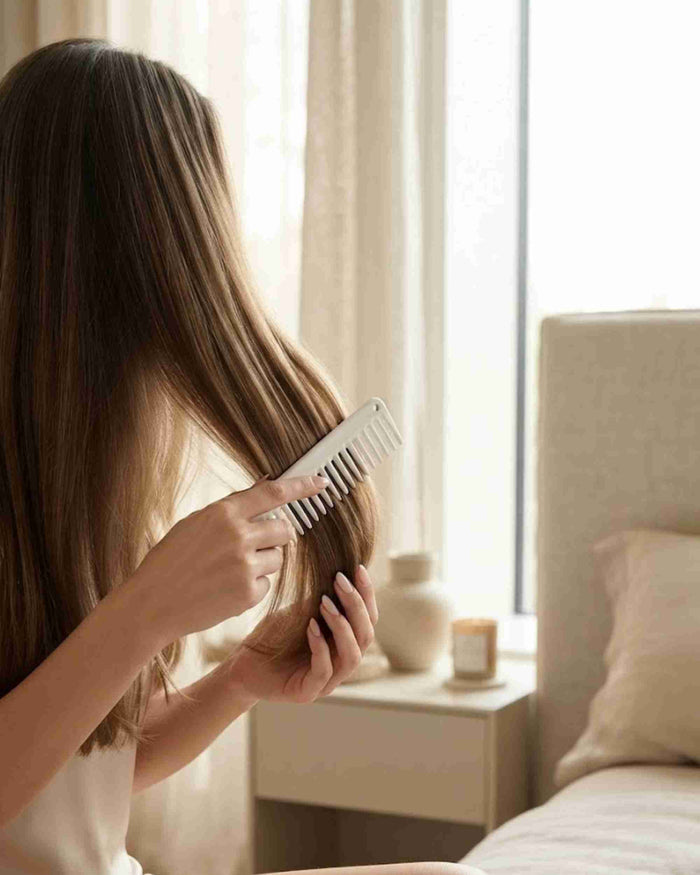 White cutting comb in use on long hair
