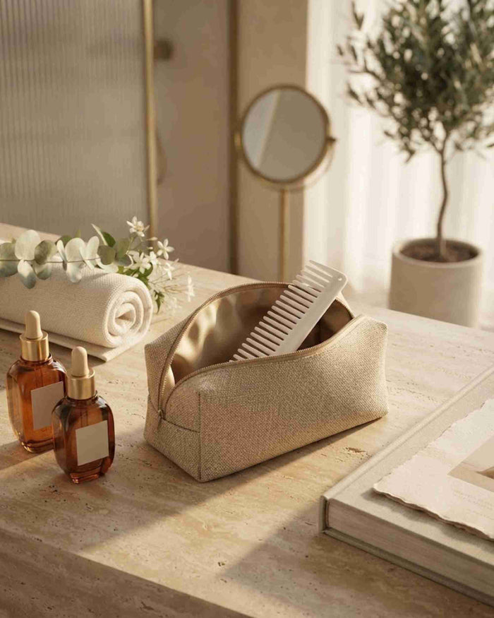 White cutting comb resting in a rectangular holder on a vanity