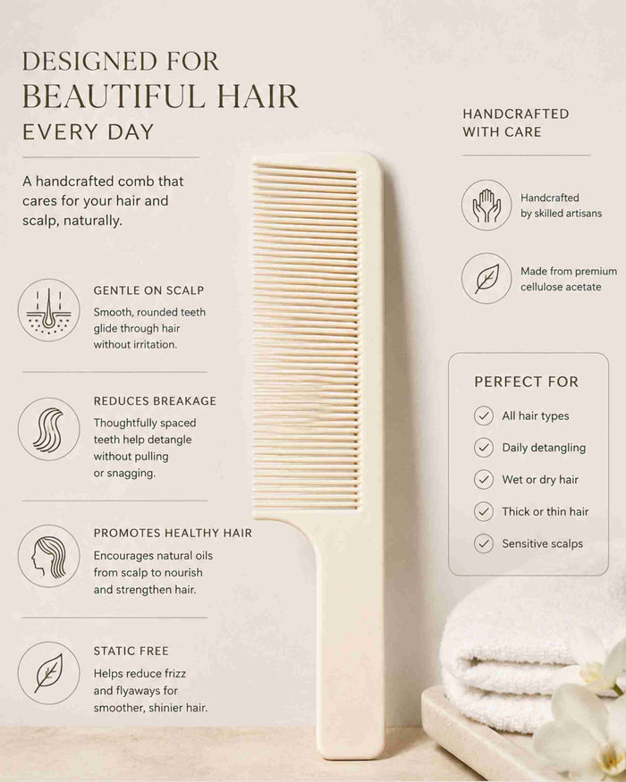 White fine-tooth hair comb shown on a product info card with icons.