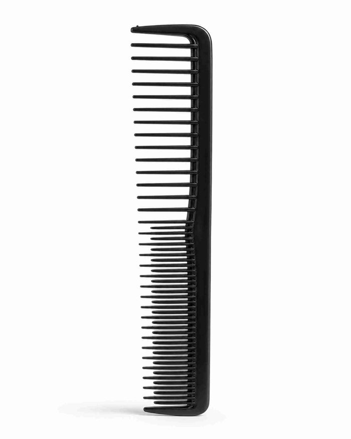 Black wide-tooth styling comb with rounded handle, straight view.