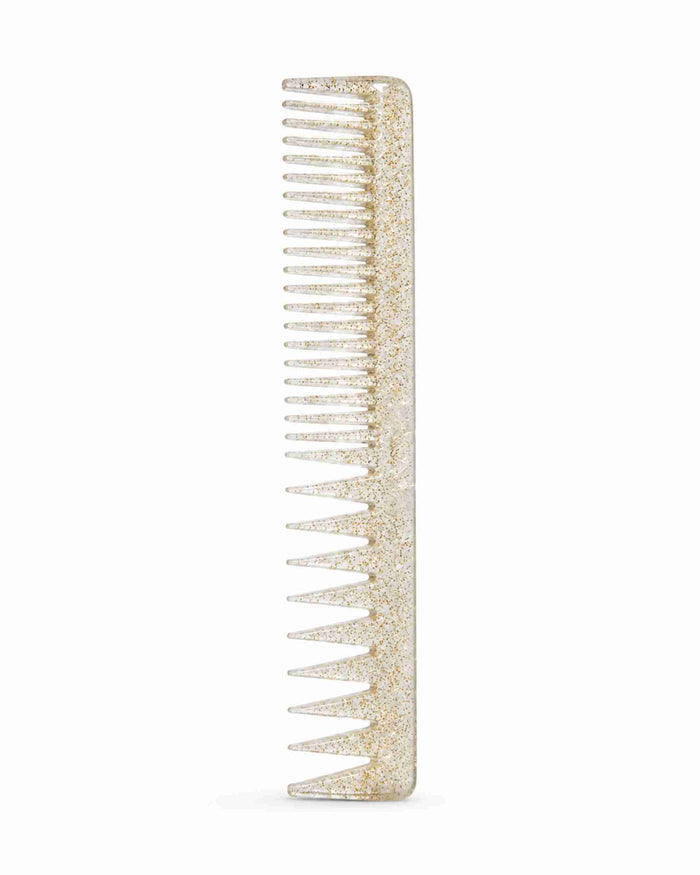 Glitter hair comb with clear base and gold sparkle, straight fine teeth
