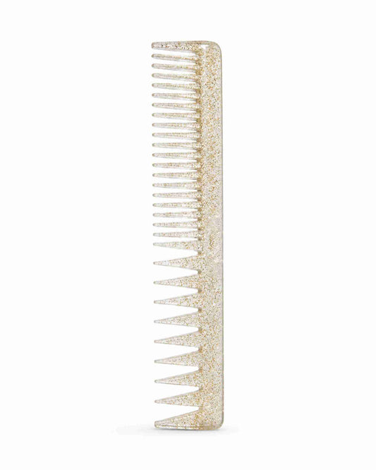 Glitter hair comb with clear base and gold sparkle, straight fine teeth
