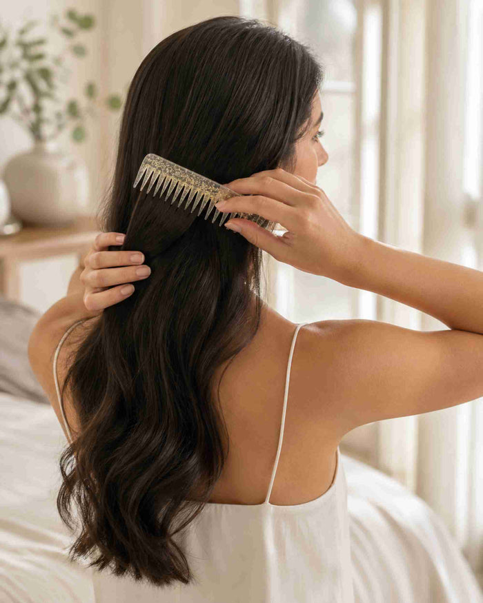 Glitter hair comb used on long dark hair, clear body with gold-sparkle teeth