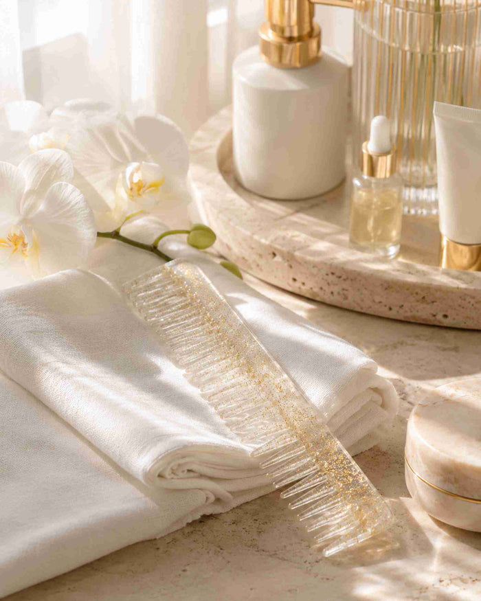 Glitter hair comb with clear base and gold glitter, laid on white fabric