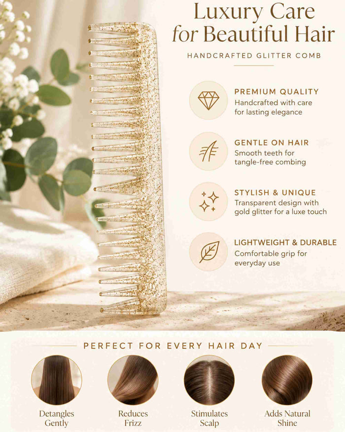 Glitter hair comb with clear frame and gold glitter, upright with fine teeth