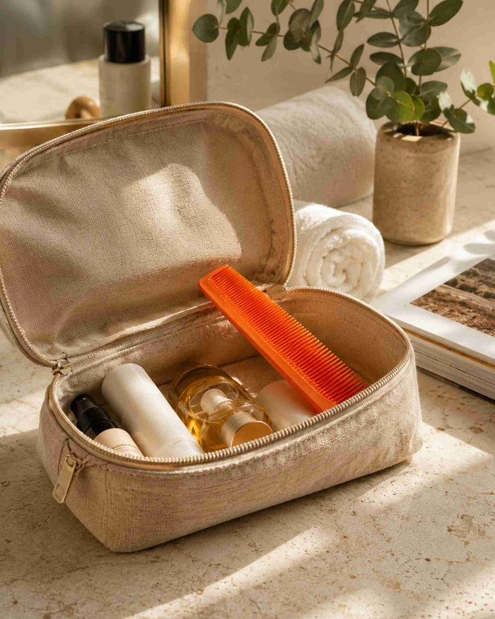 Orange fine-tooth comb in a beige zip travel pouch