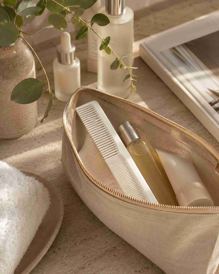 White sectioning comb inside beige zip pouch with gold trim