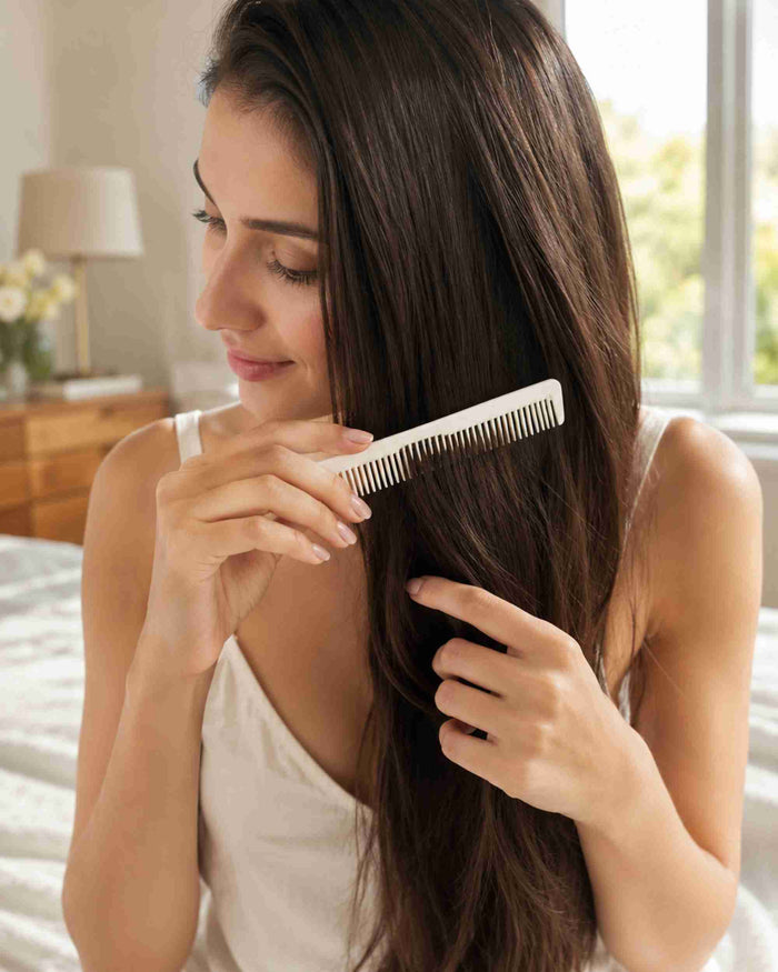White hair sectioning comb with fine teeth, held by person for styling