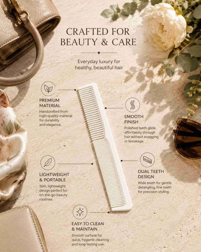 Slim white hair sectioning comb with fine, evenly spaced teeth