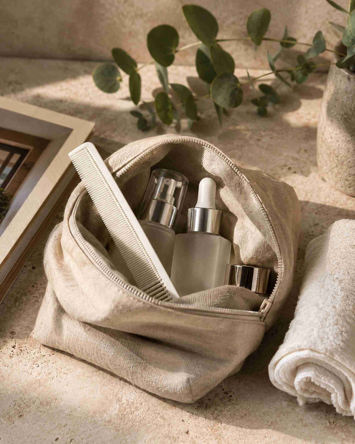 White hair comb with fine teeth inside a zip pouch