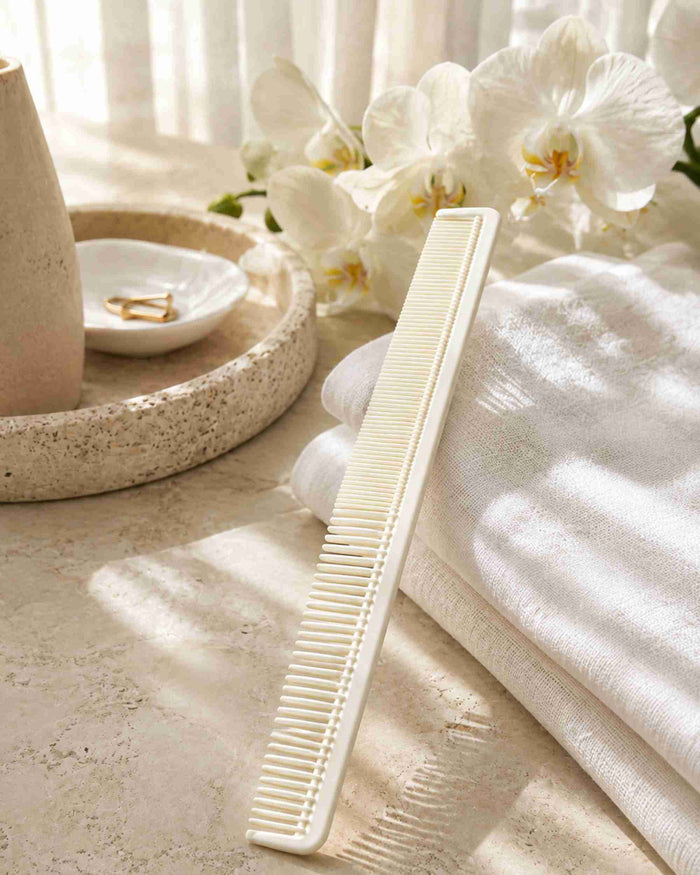 White cutting comb with long handle and fine teeth