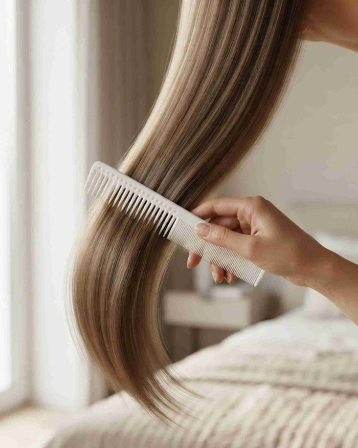 Long hair comb brushing long hair, fine teeth styling tool in hand