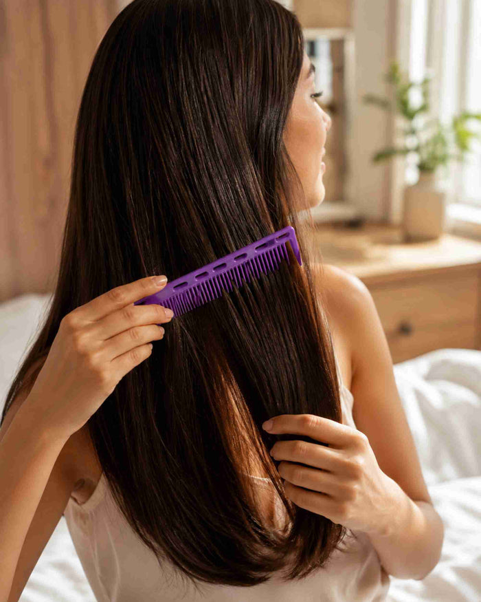Purple sectioning hair comb with long teeth, held against the back of dark hair