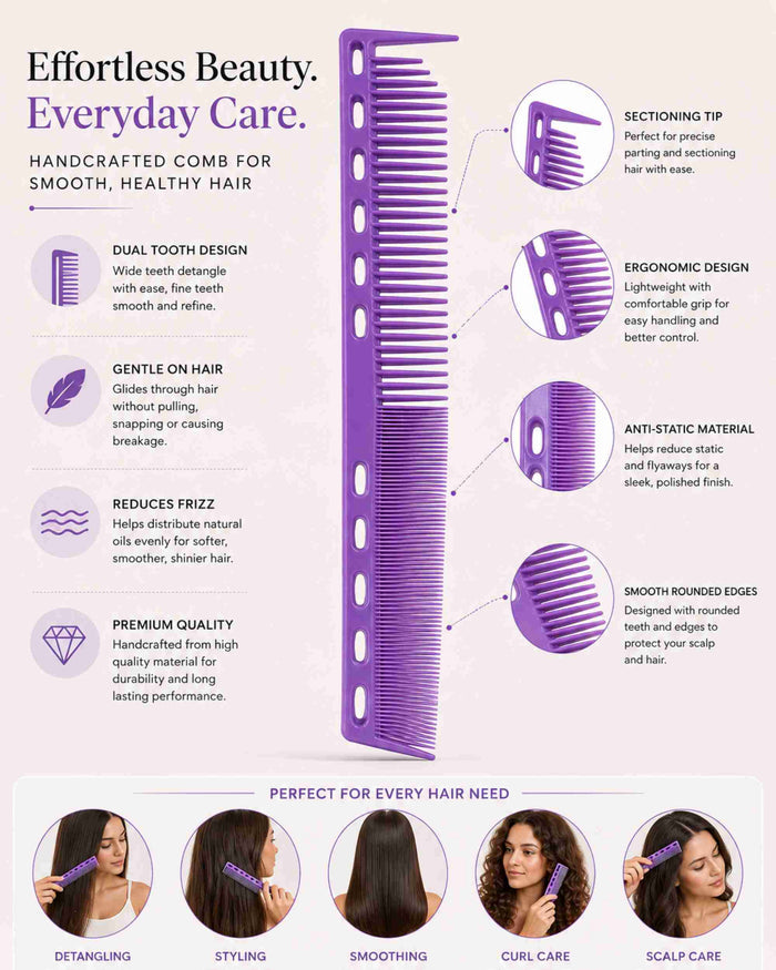 Purple sectioning hair comb with dual-tooth design, shown with detail views