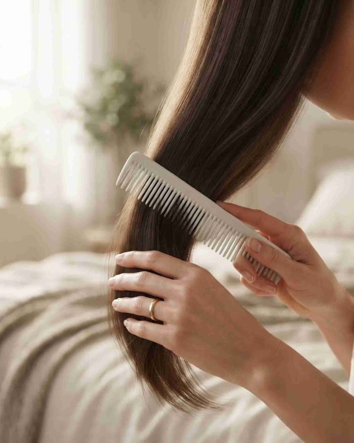 White cutting comb with fine teeth being used on long hair