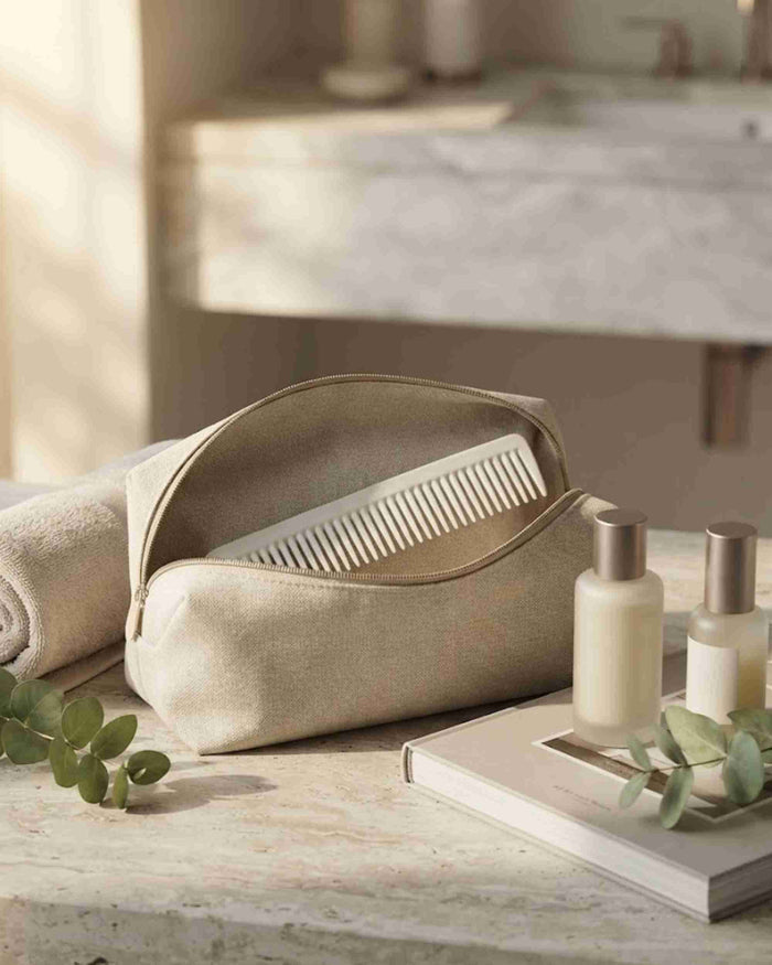 White long hair cutting comb in a zip pouch, fine teeth visible
