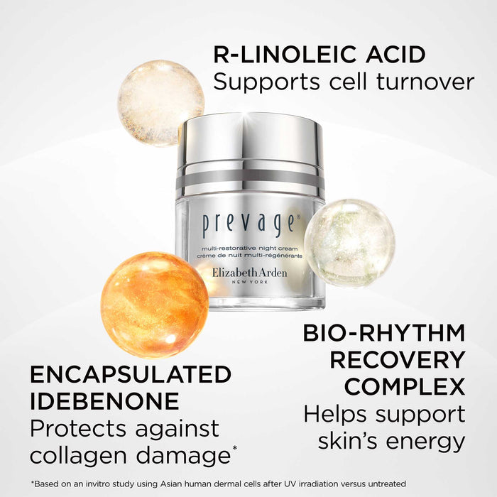 Key Ingredients includes R-Linoleic Acid that supports cell turnover, Encapsulated idebenone that protects against collagen damage*, and bio-rhythm recovery complex that helps support skin's energy. *Based on an in-vitro study using Asian human dermal cells after UV irradiation versus treated