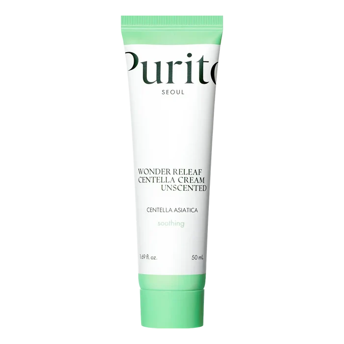 Purito Wonder Releaf Centella Cream Unscented 50ml i minimalistisk hvit tube mot hvit bakgrunn