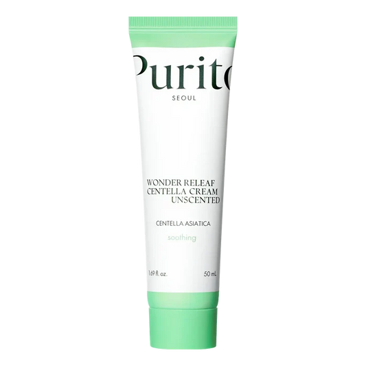 Purito Wonder Releaf Centella Cream Unscented 50ml i minimalistisk hvit tube mot hvit bakgrunn