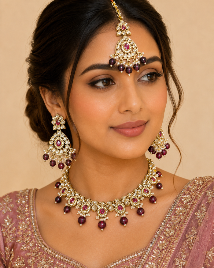 Purple - Large Size Antique Gold Finish Necklace Set with Earrings & Tika (Head Piece) - UK Stock - JIG86 08C25