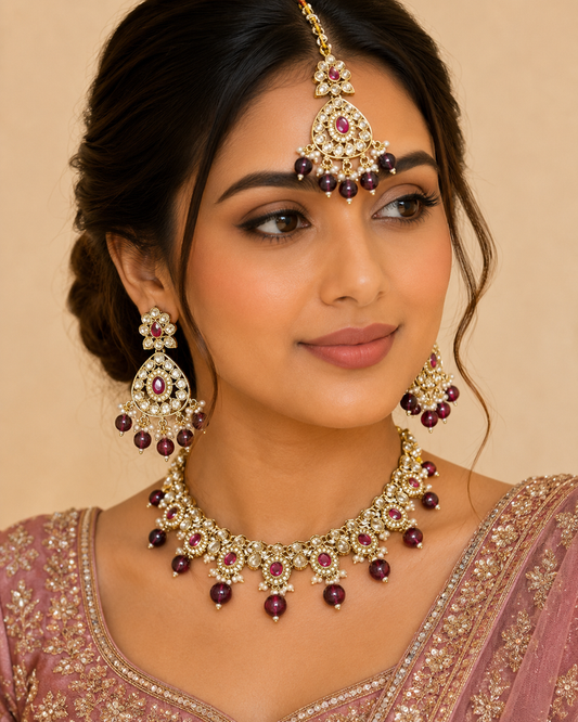 Purple - Large Size Antique Gold Finish Necklace Set with Earrings & Tika (Head Piece) - UK Stock - JIG86 08C25