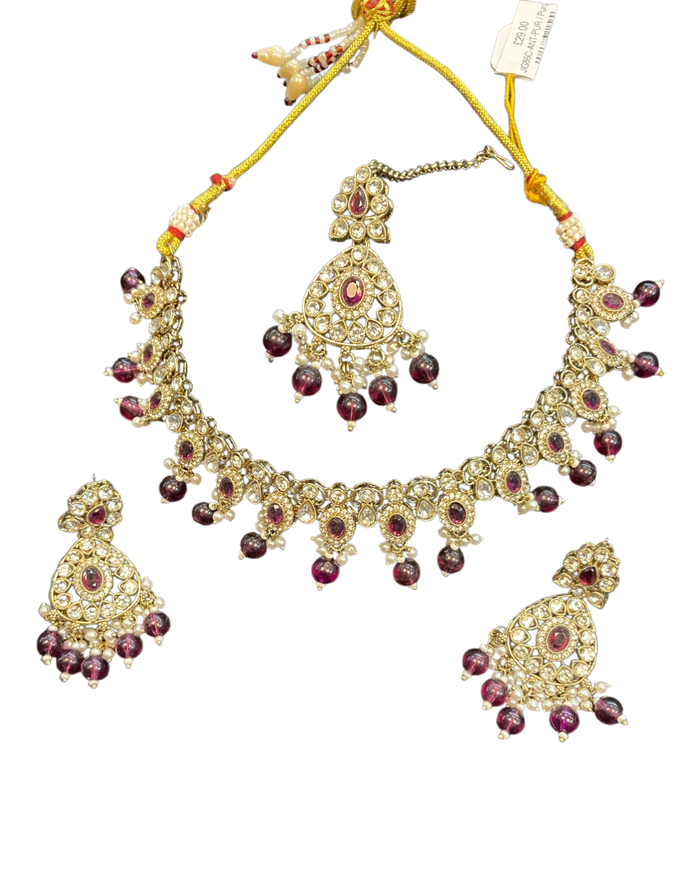 Purple - Large Size Antique Gold Finish Necklace Set with Earrings & Tika (Head Piece) - UK Stock - JIG86 08C25