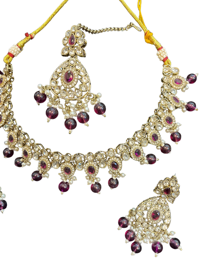 Purple - Large Size Antique Gold Finish Necklace Set with Earrings & Tika (Head Piece) - UK Stock - JIG86 08C25